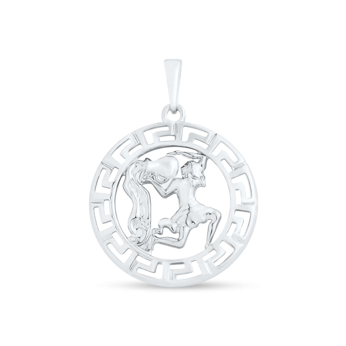 Apaļš Ūdensvīra zodiaka kulons ar platīna pārklājumu un grieķu meandra rakstu apmalē