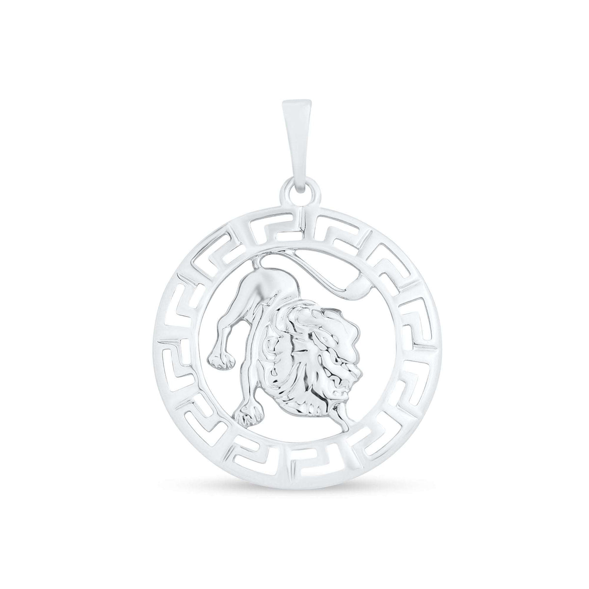 Lauvas zodiaka kulons ar krēpainu lauvu meandra aplī, mirdzošs platīna pārklājums
