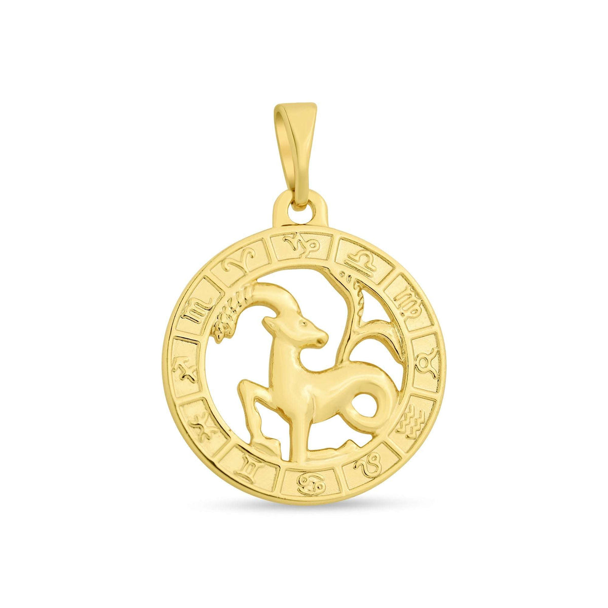 Mežāža zīmes kulons ar kazas figūru un vijīgu asti apzeltītā zodiaka riņķī
