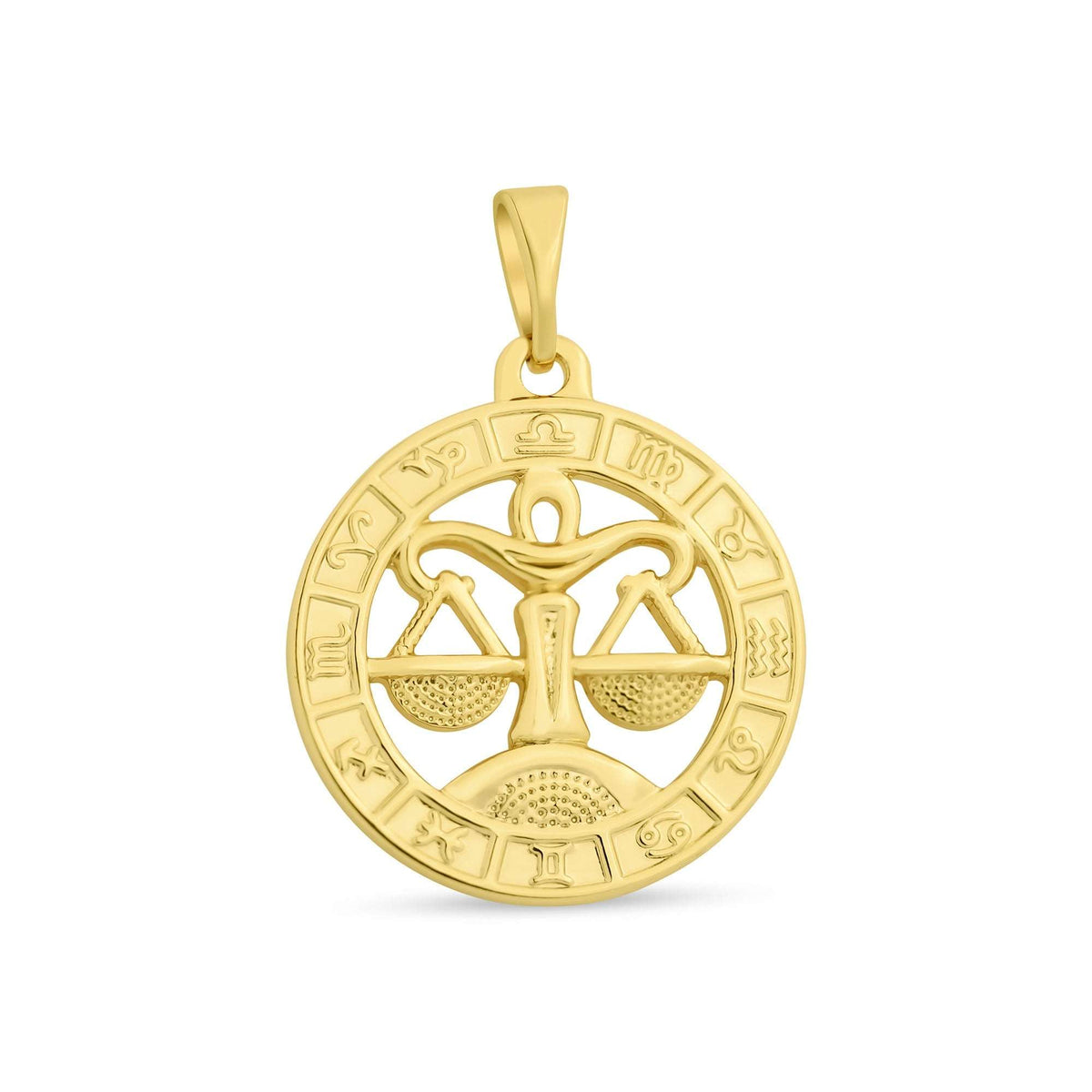 Apaļš apzeltīts kulons ar Svaru zīmes svariem un divpadsmit zodiaka simboliem ap malu